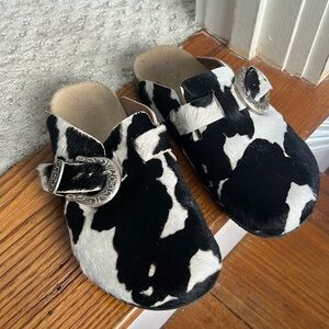 Brother Vellies black and white cowhide cow print Greg mules size 7